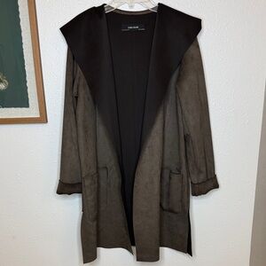 Zara Basic Faux Suede Dark Brown Women's Cape Coat with‎ Hood - Small